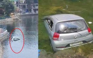 बेकाबू कार झील में गिरी,,,, पयर्टकों की किस्मत ने दिया साथ,,।